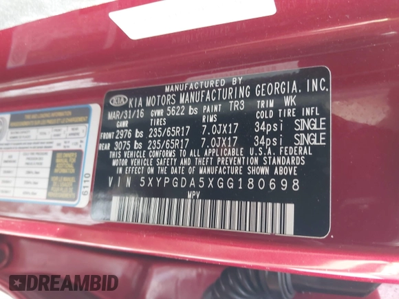 2016 Kia Sorento LX with VIN 5XYPGDA5XGG180698, listed as a IAAI auction lot 41417694 with 84,229 mi miles. Bid and sale history available at carsss.com. Image 9.