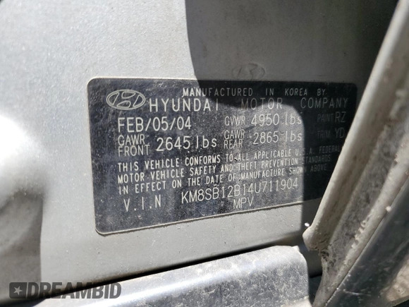 2004 Hyundai Santa Fe z VIN KM8SB12B14U711904, wystawiony jako Copart lot #58957365 z przebiegiem 214 051 mil mil oraz Szkoda całkowita • Salvage title. Historia ofert i sprzedaży dostępna na DreamBid. Obrazek 13.
