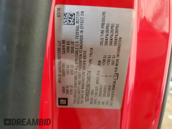 2016 GMC Canyon 2WD SLE with VIN 1GTH5CE33G1340174, listed as a Copart auction lot 62117235 with 110,909 mi miles and Salvage title. Bid and sale history available at DreamBid. Image 13.