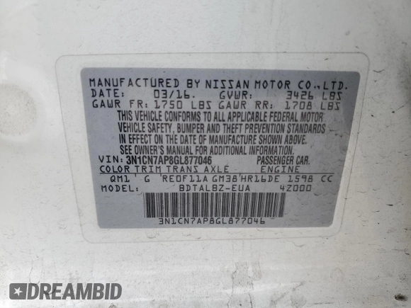 2016 Nissan Versa S Plus with VIN 3N1CN7AP8GL877046, listed as a Copart auction lot 53356795 with 80,222 mi miles and Salvage Title. Bid and sale history available at carsss.com. Image 12.