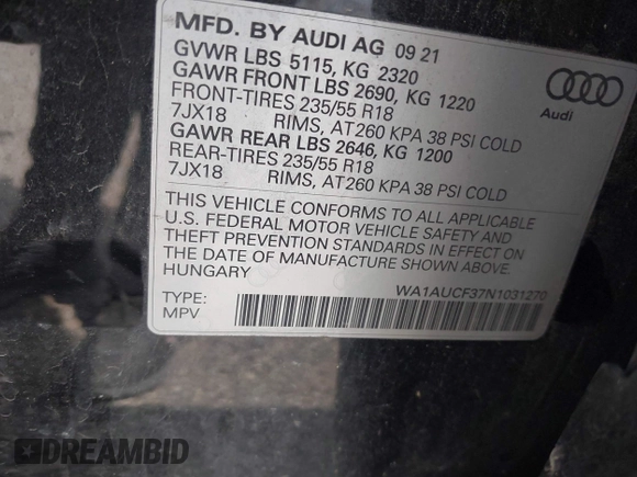 2022 Audi Q3 Premium with VIN WA1AUCF37N1031270, listed as a IAAI auction lot 42297083 with 36,620 mi miles and . Bid and sale history available at DreamBid. Image 9.