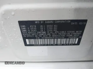 2019 Subaru Legacy with VIN 4S3BNAB6XK3027239, listed as a IAAI auction lot 41505627 with 107,472 mi miles. Bid and sale history available at carsss.com. Image 9.