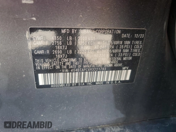 2024 Subaru Outback Touring with VIN 4S4BTAPC6R3221793, listed as a Copart auction lot 61653185 with 15,773 mi miles and Salvage title. Bid and sale history available at DreamBid. Image 13.