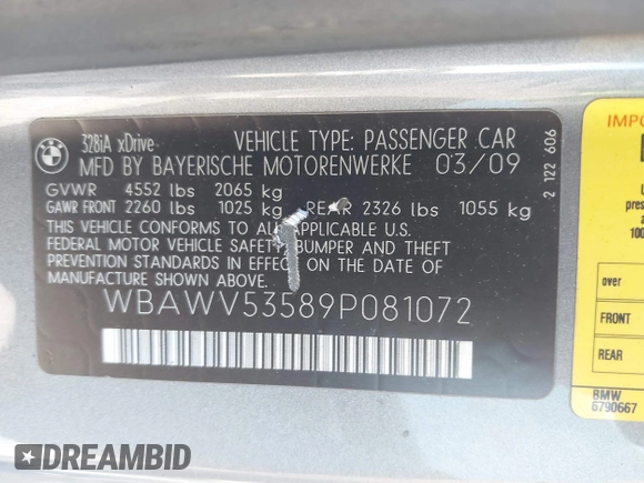 2009 BMW 3 Series 328i xDrive z VIN WBAWV53589P081072, wystawiony jako IAAI lot #42227533 z przebiegiem 207 284 mil mil oraz . Historia ofert i sprzedaży dostępna na DreamBid. Obrazek 9.