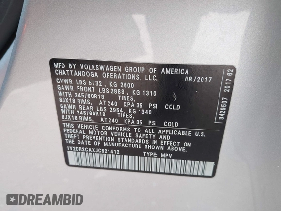 2018 Volkswagen Atlas SE with VIN 1V2DR2CAXJC521412, listed as a IAAI auction lot 42309661 with 99,045 mi miles and . Bid and sale history available at DreamBid. Image 9.