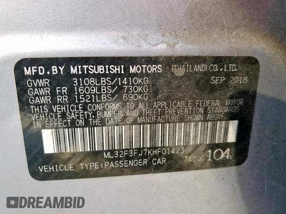 2019 Mitsubishi Mirage ES with VIN ML32F3FJ7KHF01423, listed as a Copart auction lot 61208045 with 120,893 mi miles and Salvage title. Bid and sale history available at DreamBid. Image 12.