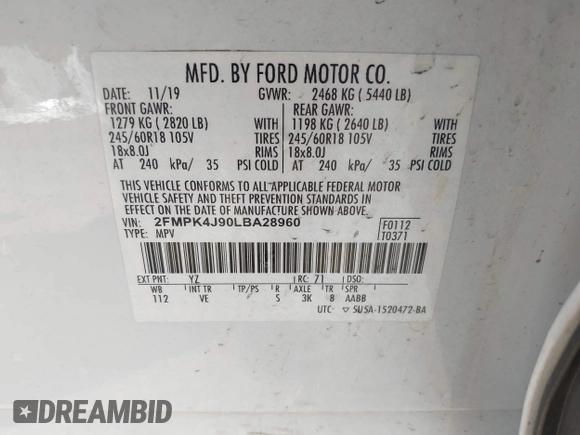 2020 Ford Edge SEL z VIN 2FMPK4J90LBA28960, wystawiony jako IAAI lot #42264189 z przebiegiem 91 312 mil mil oraz . Historia ofert i sprzedaży dostępna na DreamBid. Obrazek 9.