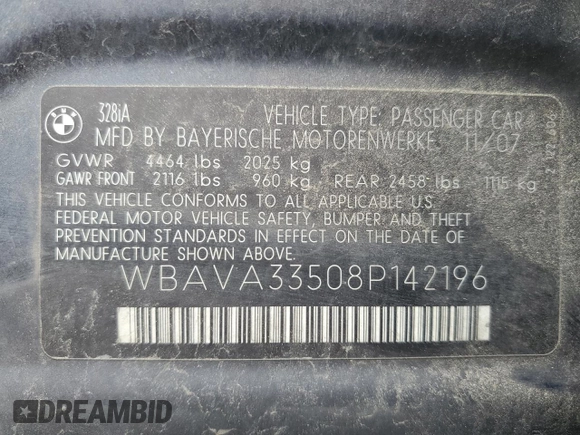 2008 BMW 3 Series 328i with VIN WBAVA33508P142196, listed as a Copart auction lot 57617965 with 129,798 mi miles and Salvage title. Bid and sale history available at DreamBid. Image 12.