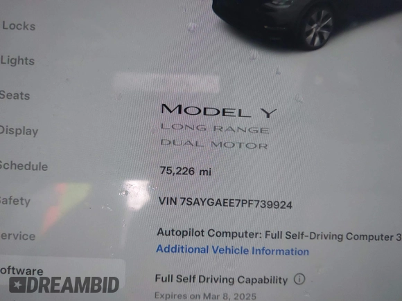 2023 Tesla Model Y Long Range with VIN 7SAYGAEE7PF739924, listed as a IAAI auction lot 41612323 with 75,226 mi miles and . Bid and sale history available at DreamBid. Image 14.