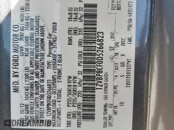 2013 Ford Mustang GT with VIN 1ZVBP8CF0D5266823, listed as a Copart auction lot 56985855 with 80,552 mi miles and Salvage title. Bid and sale history available at DreamBid. Image 12.