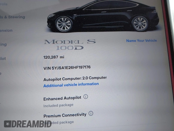 2017 Tesla Model S 100D with VIN 5YJSA1E26HF197176, listed as a IAAI auction lot 42565791 with 120,287 mi miles and . Bid and sale history available at DreamBid. Image 15.
