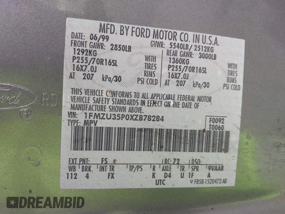 1999 Ford Explorer XLT с VIN 1FMZU35P0XZB78284, выставлен на аукционе IAAI как лот 41510875 с пробегом 231 923 миль миль и . История ставок и продаж доступна на DreamBid. Изображение 9.