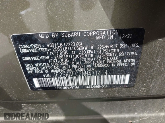 2022 Subaru Forester Premium z VIN JF2SKAEC2NH431414, wystawiony jako IAAI lot #42404661 z przebiegiem 51 516 mil mil oraz . Historia ofert i sprzedaży dostępna na DreamBid. Obrazek 9.