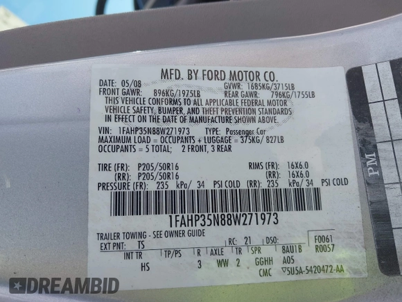 2008 Ford Focus SE with VIN 1FAHP35N88W271973, listed as a IAAI auction lot 42090204 with 261,457 mi miles. Bid and sale history available at carsss.com. Image 9.
