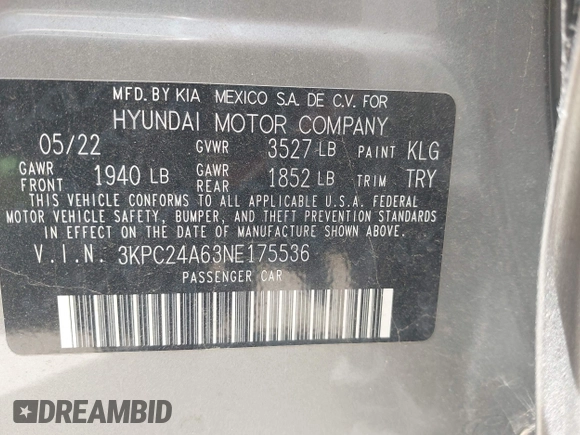 2022 Hyundai Accent SE with VIN 3KPC24A63NE175536, listed as a IAAI auction lot 42759210 with 16,370 mi miles and . Bid and sale history available at DreamBid. Image 9.