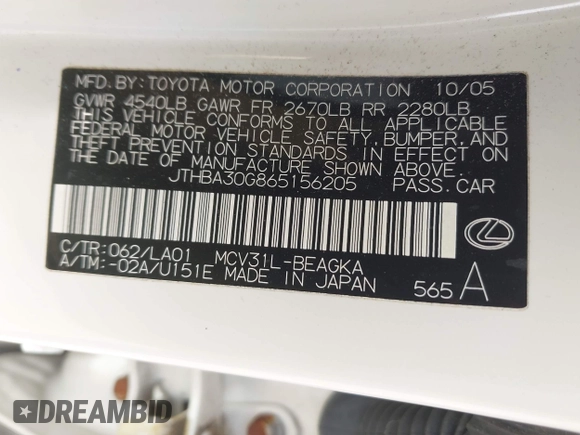 2006 Lexus ES 350 with VIN JTHBA30G865156205, listed as a IAAI auction lot 42060550 with 173,542 mi miles and . Bid and sale history available at DreamBid. Image 9.