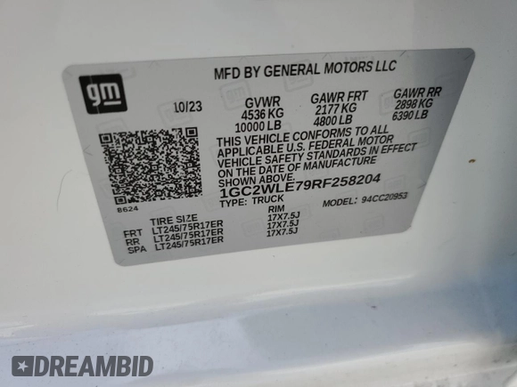 2024 Chevrolet Silverado 1500 with VIN 1GC2WLE79RF258204, listed as a Copart auction lot 44558405 with 11,364 mi miles and Salvage Title. Bid and sale history available at DreamBid. Image 12.