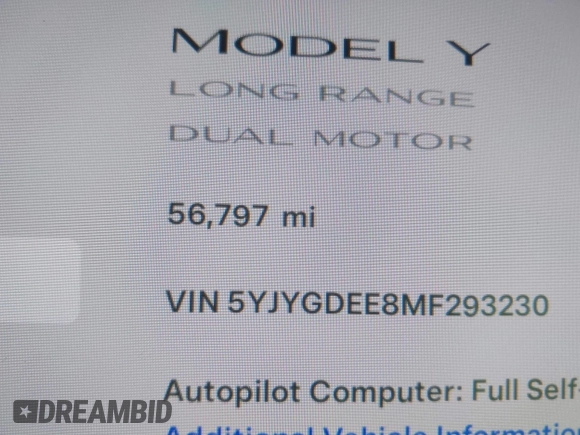 2021 Tesla Model Y Long Range with VIN 5YJYGDEE8MF293230, listed as a IAAI auction lot 41744033 with 56,797 mi miles and . Bid and sale history available at DreamBid. Image 15.