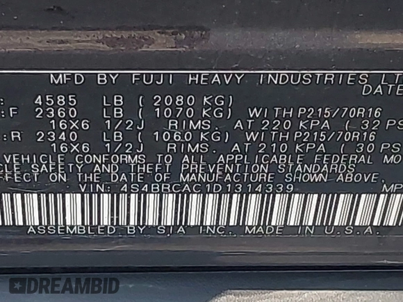 2013 Subaru Outback 2.5i with VIN 4S4BRCAC1D1314339, listed as a IAAI auction lot 42385455 with 140,322 mi miles and . Bid and sale history available at DreamBid. Image 9.
