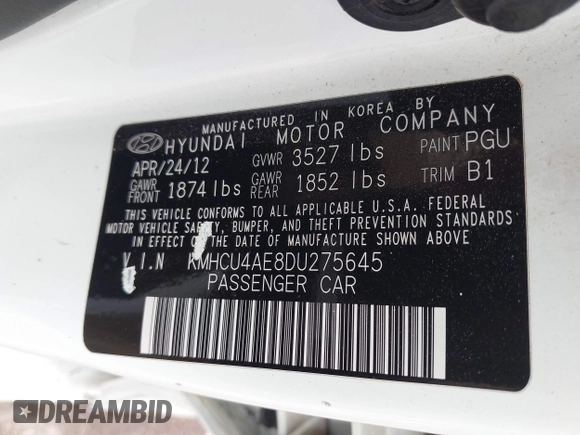 2013 Hyundai Accent GLS z VIN KMHCU4AE8DU275645, wystawiony jako IAAI lot #42139737 z przebiegiem 85 031 mil mil oraz . Historia ofert i sprzedaży dostępna na DreamBid. Obrazek 9.