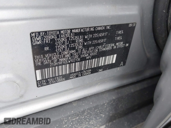 2020 Toyota RAV4 LE with VIN 2T3H1RFV2LW103136, listed as a IAAI auction lot 40921556 with 1 mi miles. Bid and sale history available at carsss.com. Image 9.