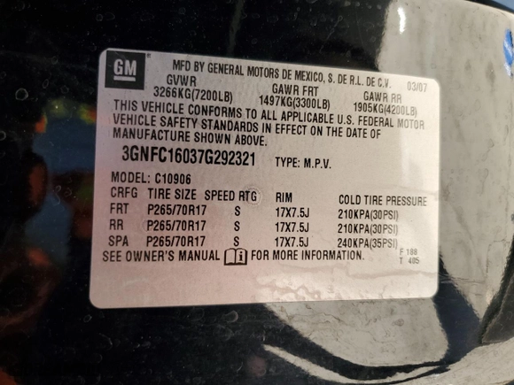 2007 Chevrolet Suburban LTZ with VIN 3GNFC16037G292321, listed as a Copart auction lot 85885564 with 213,893 mi miles and Salvage Title. Bid and sale history available at carsss.com. Image 13.