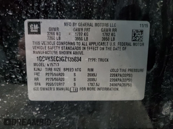 2016 Chevrolet Silverado 1500 LTZ with VIN 1GCVKSEC3GZ135834, listed as a Copart auction lot 49875665 with 113,252 mi miles and Clean Title. Bid and sale history available at carsss.com. Image 12.
