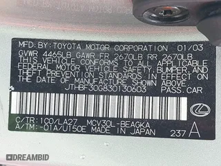 2003 Lexus ES 300 with VIN JTHBF30G830130603, listed as a IAAI auction lot 41849482 with 212,667 mi miles. Bid and sale history available at carsss.com. Image 9.
