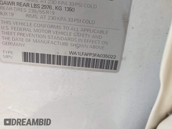 2015 Audi Q5 Premium Plus with VIN WA1LFAFP3FA035022, listed as a IAAI auction lot 42238972 with 91,428 mi miles and . Bid and sale history available at DreamBid. Image 9.