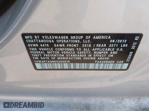2013 Volkswagen Passat Wolfsburg Edition with VIN 1VWAP7A36DC000975, listed as a IAAI auction lot 42432637 with 109,431 mi miles and . Bid and sale history available at DreamBid. Image 9.