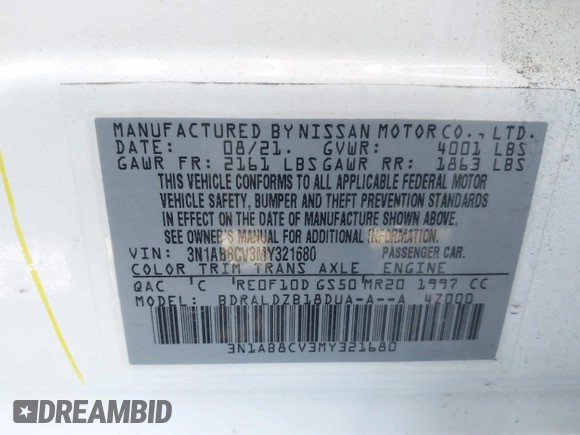2021 Nissan Sentra SV with VIN 3N1AB8CV3MY321680, listed as a IAAI auction lot 41875810 with 58,473 mi miles and . Bid and sale history available at DreamBid. Image 9.