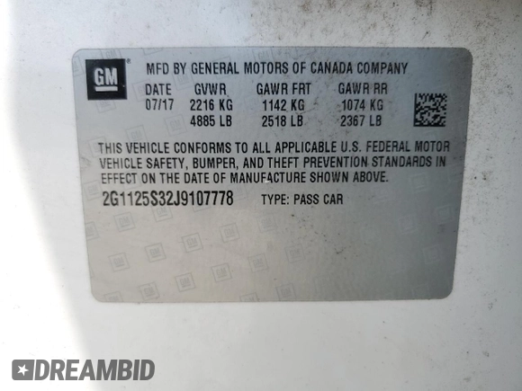 2018 Chevrolet Impala Premier with VIN 2G1125S32J9107778, listed as a Copart auction lot 63850775 with 231,406 mi miles and Salvage title. Bid and sale history available at DreamBid. Image 13.