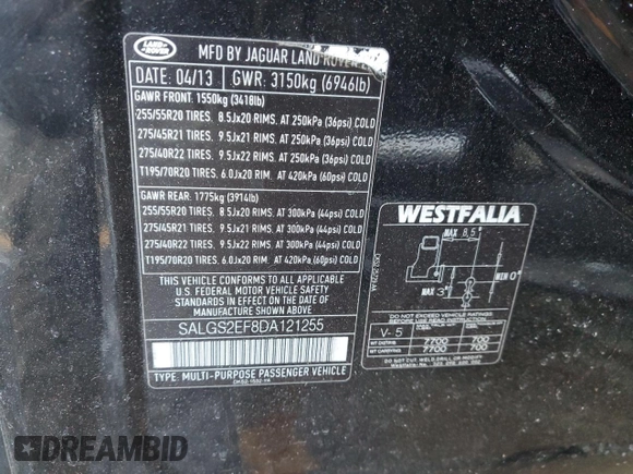 2013 Land Rover Range Rover SC с VIN SALGS2EF8DA121255, выставлен на аукционе Copart как лот 42643805 с пробегом 135 087 миль миль и Списание • Salvage title. История ставок и продаж доступна на DreamBid. Изображение 13.