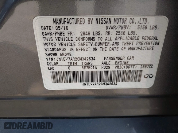 2016 Infiniti Q50 with VIN JN1EV7AR2GM342634, listed as a IAAI auction lot 42075852 with 71,869 mi miles and . Bid and sale history available at DreamBid. Image 9.