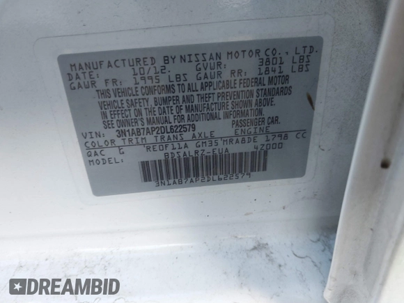 2013 Nissan Sentra S with VIN 3N1AB7AP2DL622579, listed as a IAAI auction lot 41202092 with 60,707 mi miles and . Bid and sale history available at DreamBid. Image 9.