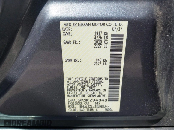 2017 Nissan Altima SV with VIN 1N4AL3AP2HC294848, listed as a IAAI auction lot 42085221 with 120,443 mi miles and . Bid and sale history available at DreamBid. Image 9.