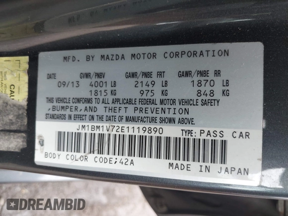 2014 Mazda 3 i Touring with VIN JM1BM1V72E1119890, listed as a IAAI auction lot 42531252 with 124,398 mi miles and . Bid and sale history available at DreamBid. Image 9.