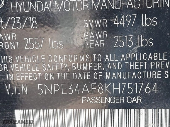 2019 Hyundai Sonata Sport with VIN 5NPE34AF8KH751764, listed as a IAAI auction lot 41751278 with 139,187 mi miles. Bid and sale history available at carsss.com. Image 9.