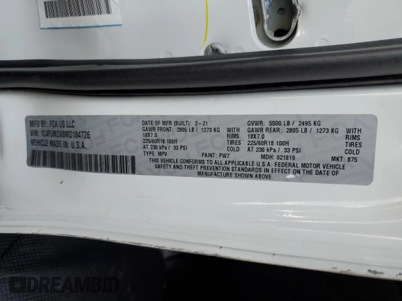 2021 Jeep Cherokee Limited with VIN 1C4PJMDX8MD184726, listed as a Copart auction lot 57067075 with Not provided miles and Salvage title. Bid and sale history available at DreamBid. Image 14.
