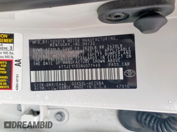 2022 Toyota Avalon XLE z VIN 4T1JZ1FB5NU077449, wystawiony jako Copart lot #53559685 z przebiegiem 38 969 mil mil oraz Szkoda całkowita • Salvage title. Historia ofert i sprzedaży dostępna na DreamBid. Obrazek 12.