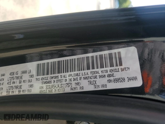2018 Ram 2500 Tradesman with VIN 3C6UR5HJ4JG117571, listed as a Copart auction lot 56038675 with 65,094 mi miles and Salvage title. Bid and sale history available at DreamBid. Image 12.