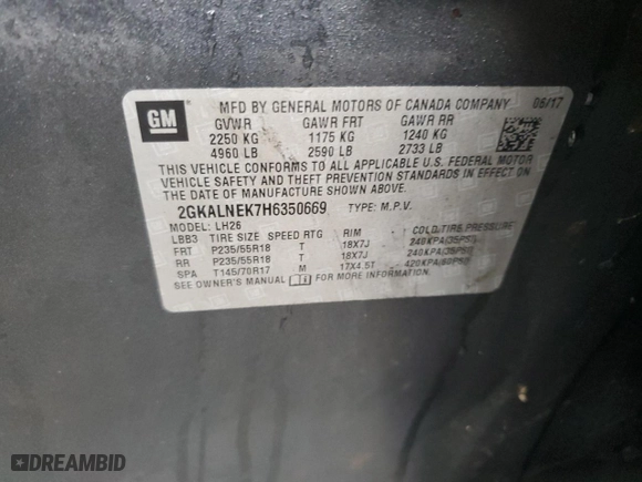 2017 GMC Terrain SLE with VIN 2GKALNEK7H6350669, listed as a Copart auction lot 86797394 with 116,559 mi miles and Salvage Title. Bid and sale history available at carsss.com. Image 15.