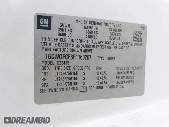 2015 Chevrolet Express Cargo with VIN 1GCWGFCF3F1160207, listed as a IAAI auction lot 42449151 with 171,155 mi miles and . Bid and sale history available at DreamBid. Image 9.