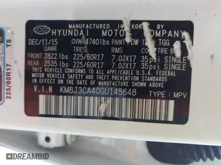 2016 Hyundai Tucson SE with VIN KM8J3CA40GU145648, listed as a IAAI auction lot 41951378 with 115,486 mi miles. Bid and sale history available at carsss.com. Image 9.