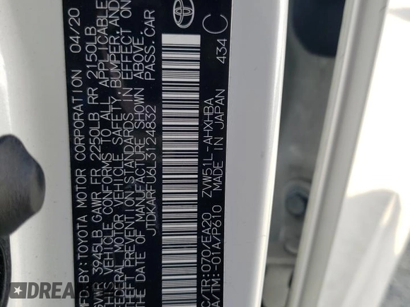 2020 Toyota Prius L Eco with VIN JTDKARFU6L3124832, listed as a Copart auction lot 60941025 with 42,646 mi miles and Salvage title. Bid and sale history available at DreamBid. Image 13.