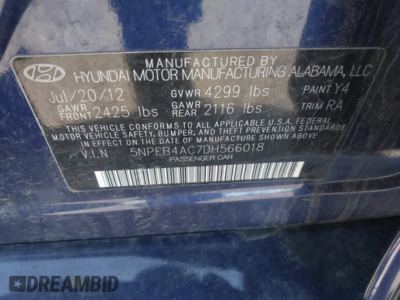 2013 Hyundai Sonata GLS z VIN 5NPEB4AC7DH566018, wystawiony jako IAAI lot #42249681 z przebiegiem 100 998 mil mil oraz . Historia ofert i sprzedaży dostępna na DreamBid. Obrazek 9.