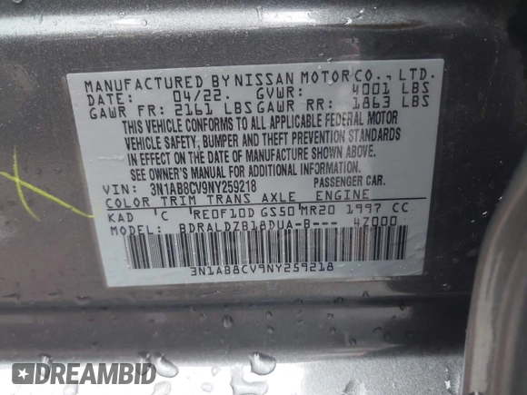 2022 Nissan Sentra SV z VIN 3N1AB8CV9NY259218, wystawiony jako IAAI lot #42184287 z przebiegiem 42 832 mil mil oraz . Historia ofert i sprzedaży dostępna na DreamBid. Obrazek 9.