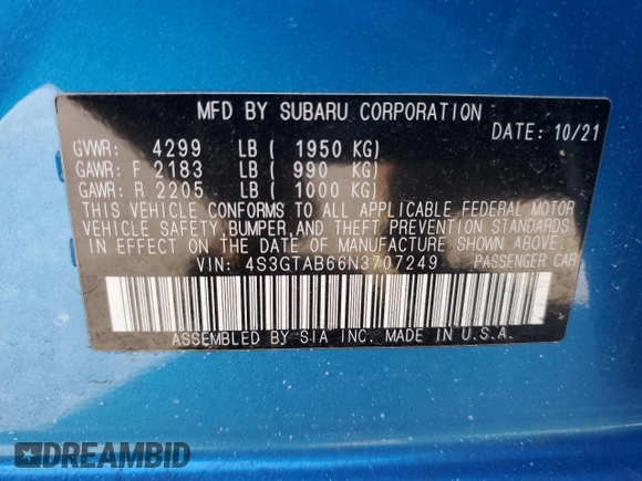 2022 Subaru Impreza with VIN 4S3GTAB66N3707249, listed as a Copart auction lot 47092315 with 34,792 mi miles and Non repairable. Bid and sale history available at DreamBid. Image 12.