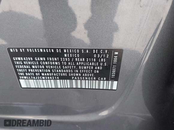 2012 Volkswagen Jetta TDI w/Premium & Nav с VIN 3VWLL7AJ2CM386214, выставлен на аукционе IAAI как лот 42286880 с пробегом 157 185 миль миль и . История ставок и продаж доступна на DreamBid. Изображение 9.