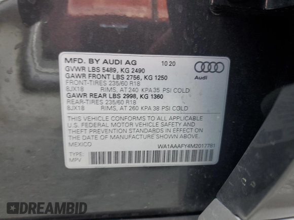 2021 Audi Q5 Premium z VIN WA1AAAFY4M2017781, wystawiony jako Copart lot #51705875 z przebiegiem Nie podano mil oraz Szkoda całkowita • Salvage title. Historia ofert i sprzedaży dostępna na DreamBid. Obrazek 15.